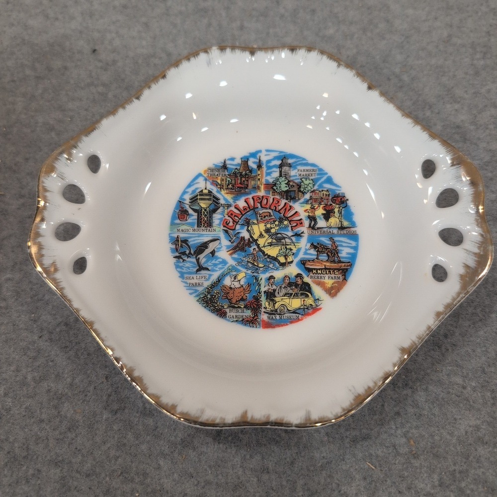 Vintage California Souvenir Dish Scalloped Gold Trim Japan Landmarks NA308
